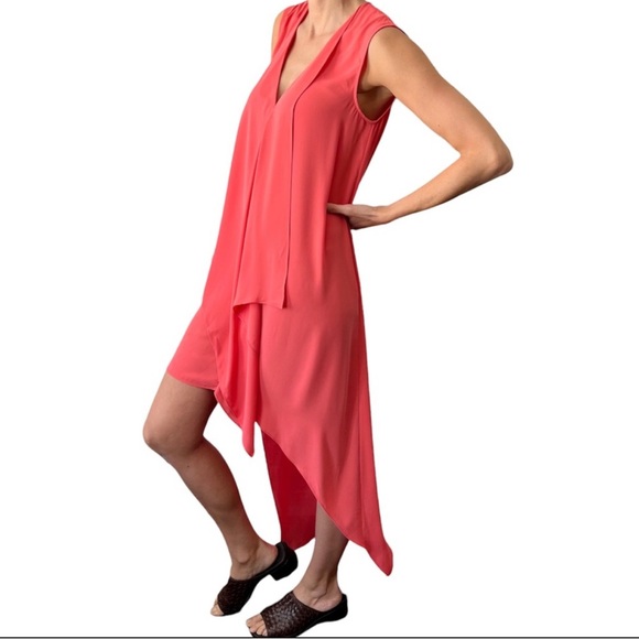 BCBGMaxAzria TARA sleeveless cascading coral chiffon high low shift dress M - Picture 3 of 10